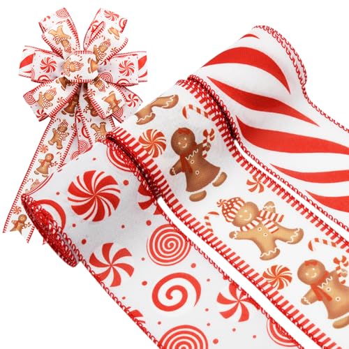 CRAFLOX Christmas Gingerbread Wired Ribbon for Wreath Bows 3 Rolls 2.5 Wide 15 Yards Total Red Gingerbread Candy Wired Ribbon for Crafts Supplies DIY Bows