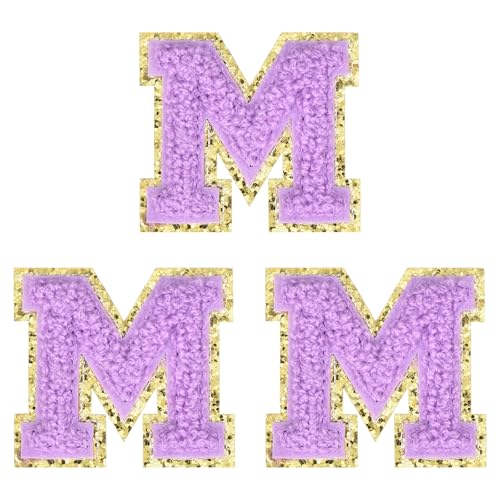 MECCANIXITY 2" Chenille Iron on Letter Patches Purple Letter M 3pcs
