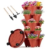 GameXcel Vertical Planter 5 Tier Stackable Planters Garden Planters Strawberry Herb Flower and Vegetable Planter Indoor Outdoor Gardening Pots with Removable Wheels and Tools