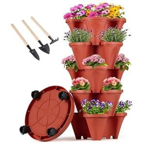 GameXcel Vertical Planter Tower – 5 Tier Stackable Garden Planters with Wheels and Tools Plant Pots for Strawberry Herb Flower and Vegetable Indoor Outdoor Use Red