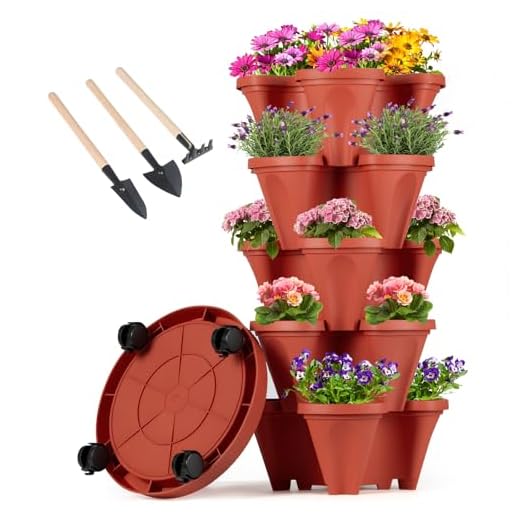 Vertical Planter 5 Tier Stackable Planters Garden Tower Planters Strawberry Herb Flower and Vegetable Planter Indoor Outdoor Gardening Pots with Removable Wheels and Tools