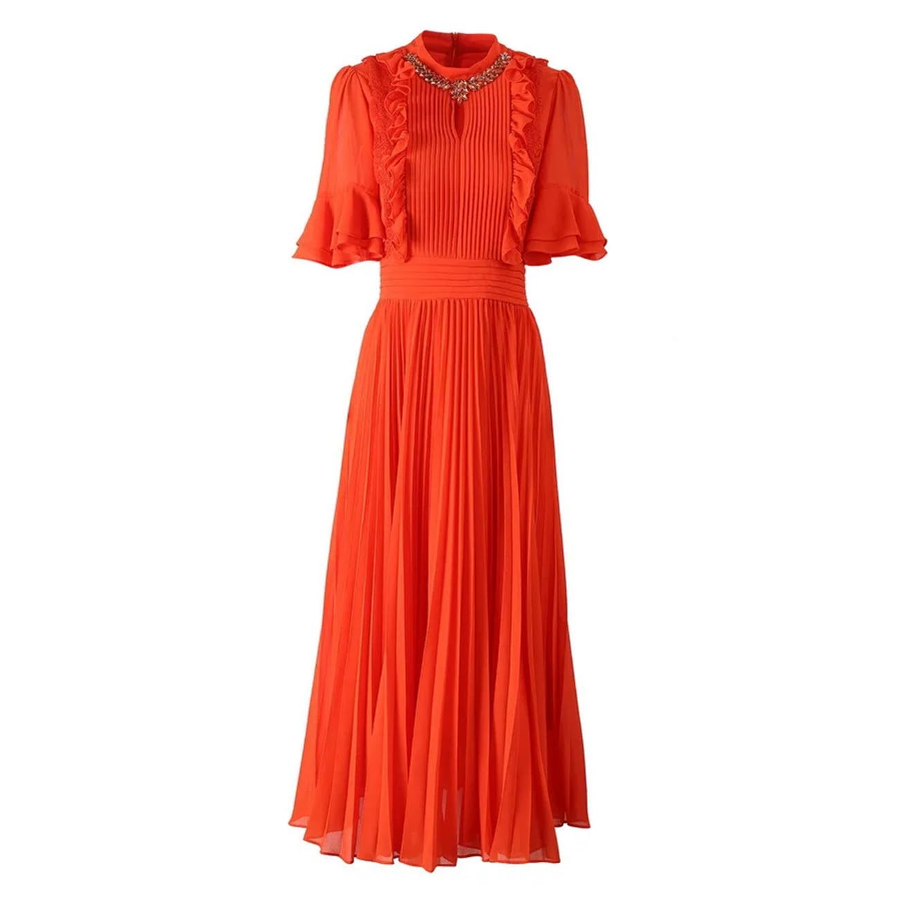 Yeuyyben Elegante abito estivo plissettato lungo maxi chiffon per le donne colletto alla coreana Rinestone manica svasata abito da sera