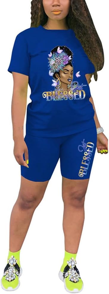 PINSV Women's 2 Piece Outfits Summer Printing Bodycon Short Pants Workout Sets