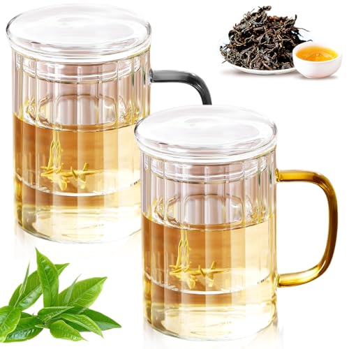 Leikurvo Taza de té con tapa y colador, 2 unidades de 400 ml, vidrio de té resistente al calor con asas de color de vidrio de borosilicato (mango amarillo + mango gris oscuro)