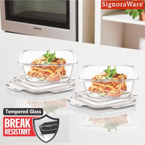 Image of Signoraware Safe Store Glass Square Containers | Airtight & Leakproof | Microwave Safe | Ideal for Reheating, Baking or Serving | Best for Office Lunch & Outdoor Activities (320mlx2 | Setof2 | Clear)