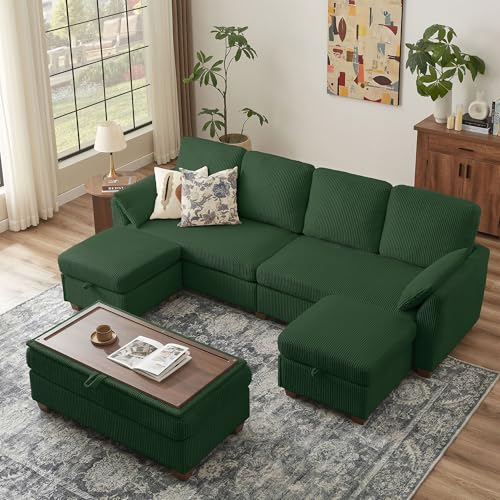 Image of Sectional Sofa with Storage Ottomans & Coffee Table, 4 Seat U Shaped Couches for Living Room: Corduroy Fabric | Double Movable Chaise Ottoman | Storage Long Bench | Modern Convertible Couch Set, Green
