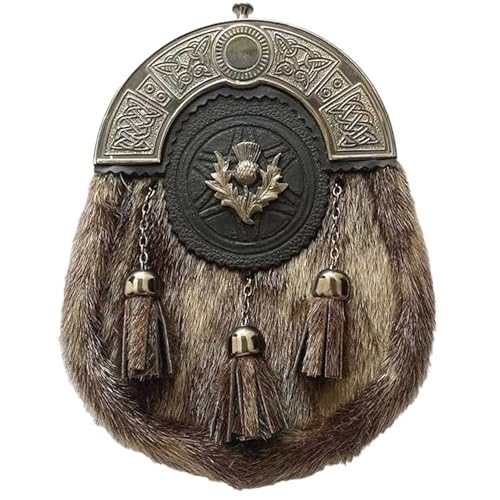 Full Dress Kilt Sporran – Celtic Thistle Crest Cantle with Antique Finish – Includes 3 Tassels, Adjustable Leather Strap & Chain, Brown, One size