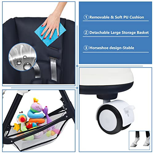 Image of INFANS High Chair with One-Hand Removable Tray, 4 Lockable Wheels & Large Storage Basket - Multi-Adjustable Height, Recline & Footrest, Removable Cushion, Foldable for Baby, Infant& Toddler (Navy)