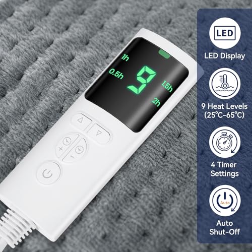 VSTKEN Heizkissen, Elektrisches Wärmekissen für Rücken Nacken Schulter Bauch, 9 Heizstufen und 4 automatische Abschaltzeiten, Weicher Flanell, Maschinenwaschbar,2M-Kabel (Dunkelgrau, 30 X 60 cm)