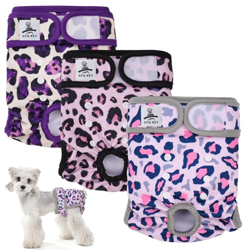 UFO PET Wiederverwendbare Hunde Windeln Weiblich, Läufigkeitshose für Hündinnen M (3 Stück), Hochsaugfähige Hundewindeln für Hündinnen mit Starkem und Flexiblem Verschluss - Leopardenmuster