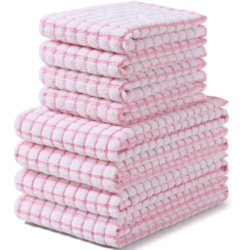 Homaxy Kitchen Towels and Dishcloths Set 16 x 25 and 12 x 12 Inches Set of 8 Cotton Terry Kitchen Dish Towels Super Soft and Absorbent Dish Cloths Pink