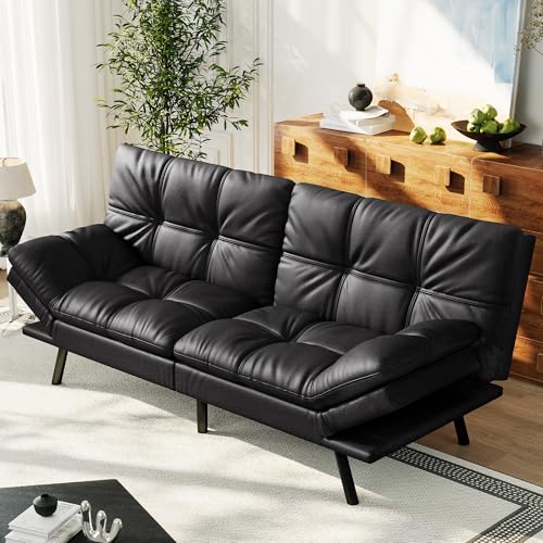 AMICLIBER 71" Convertible Futon Sofa Bed,Faux Leather Futon Couch Bed,Memory Foam Sleeper Sofa,Modern Folding Small Loveseat for Living Room,Office,Apartment,Matte Black
