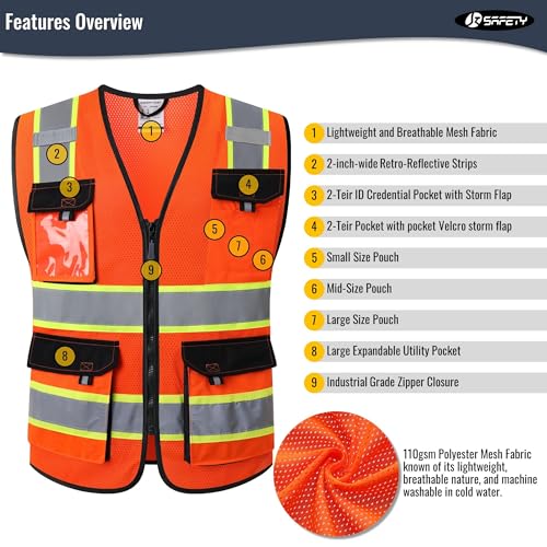 Image of JKSafety Hi Vis Reflective Safety Vests for Men Women High Visibility Vest with Pockets Mesh Fabric Construction Safety Apparel Neon Vest for Work (220-orange S)