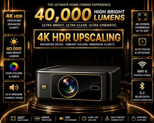 Image of Reysol 4K HDR Upscaling Projector|40000 Lumens High Brightness|Dual WiFi & Miracast|Auto Focus & Auto Keystone /Bluetooth, ARC, Dual HDMI,Dual USB Port /Speaker /Remote Controller Portable Projector