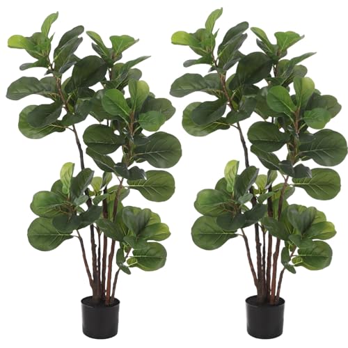 2 Pack Artificial Fiddle Leaf Fig Tree, 47 Inch Faux Ficus Lyrata Tree with 72 Leaves in Pot, Fake Green Plant for Indoor Outdoor Home Office Living Room Bedroom Decor
