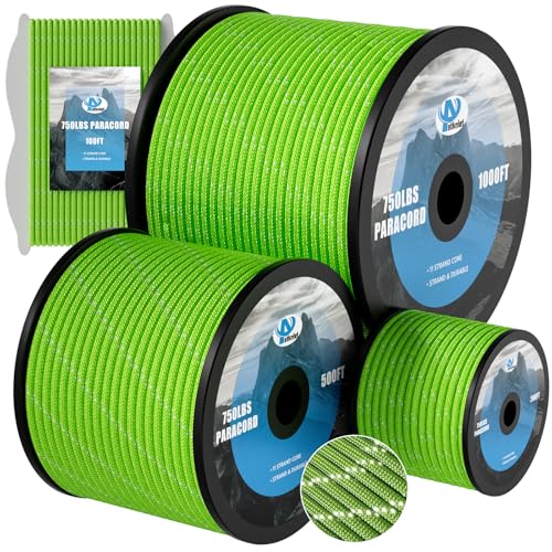 750Ib Reflective Paracord Rope,100', 4mm 11 Strand Parachute Spool Cord with Collecting Bag, para Cord Lanyard for Hammock, Camping, Hiking
