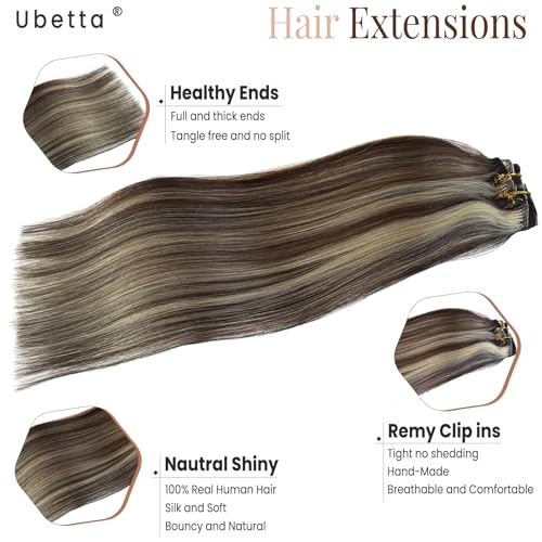 Image of Clip in Hair Extensions Real Human Hair, Chocolate Brown Balayage Blonde Highlights Hair Extensions Real Human Hair Clip ins 7pcs 70G 12 Inch Clip in Hair Extension Human Hair Clip in Extensions