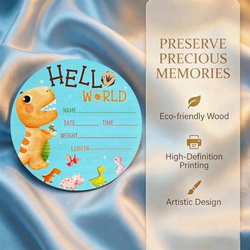 Image of Dinosaur Baby Announcement Sign, Wooden Nursery Name Decor 6in | Dinosaur Themed Wooden Name Sign for Newborn Announcement, Nursery Decor, or Baby Shower Gifts, Records Baby's Name & Stats