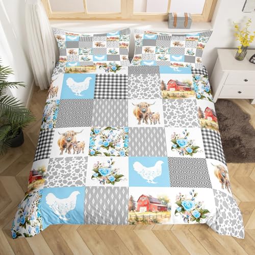 feelingyou Juego de funda nórdica a cuadros de granja tamaño M, tierras altas, vaca, gallinas, animales, funda cómoda con 1 funda de almohada, patchwork floral azul, edredón transpirable para niños