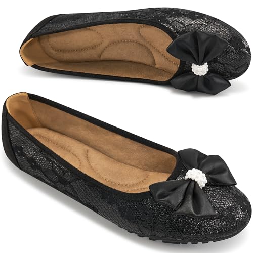 HARENCE Ballet Flats for Women Dressy: Comfortable Round Toe Bow Lace Mesh Wedding Flat Casual Slip On Walking Work Dress Shoes