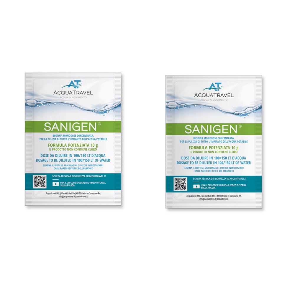ACQUATRAVEL SANIGEN 2 pz Bustine Monodose concentrata per la Pulizia di Tutto l’impianto dell’Acqua Potabile - SANIFICANTE IGIENIZZANTE per Serbatoio Camper E Barca