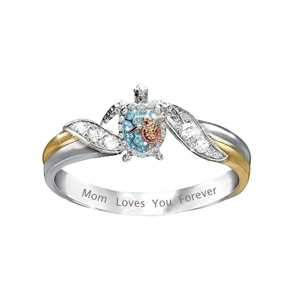 FUTIMELYTurtle Ring Mom Loves You Forever Statement Ring for Women Crystal Animals Healthy Longevity Sea Turtle Ring,Best Gifts for Mom at Mother's Day