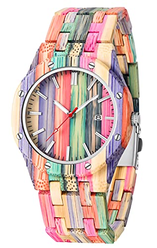 Montre fait main en bois de bambou coloré rose et violet luxe