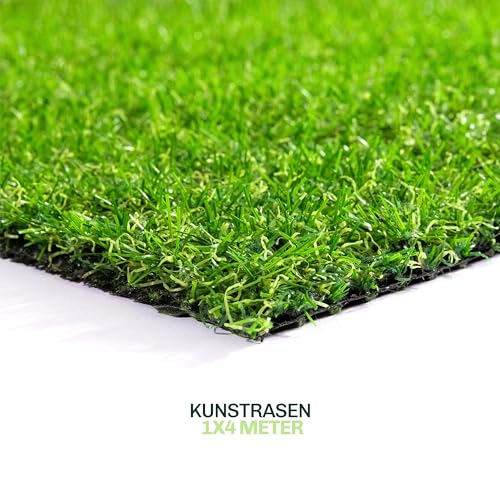 Kunstrasen 1x4 Meter – Täuschend Echter, Pflegeleichter Grasteppich für Balkon, Terrasse & Garten, Weiche Textur, UV-Beständig, Leicht Zuschnittbar, mit Drainagelöchern, Robust & Langlebig