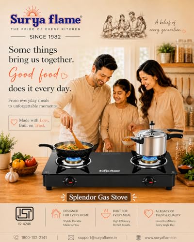 Image of Surya Flame Gas Stove 2 Burner with Glass Top, Brass Burners, 69%+ Thermal Efficiency & Toughened Glass, 2 Years Warranty & Doorstep Service across India