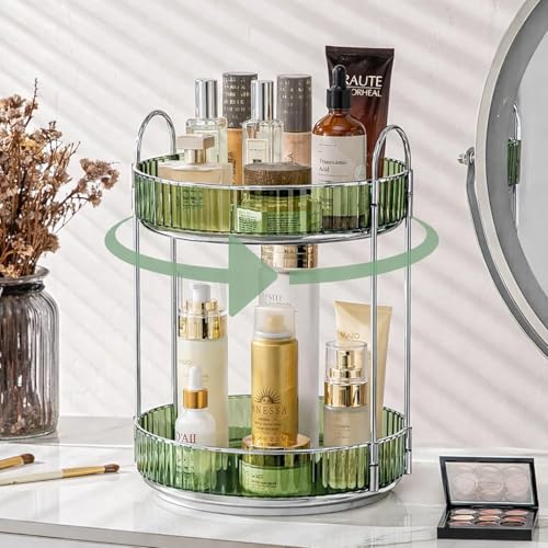 Image of JD FRESH 2 Tier Makeup Organizer 360 Rotating Cosmetic Storage Box Vanity Organizer Stand with Drawers for Lipstick Nail Polish Skincare Dressing Table Bathroom Organizer (Light Green)