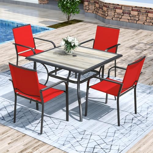 Image of Anmutig 5-Piece Outdoor Patio Dining Set 37 Inch Square Wooden-Like PVC Table with 4 Stackable Chairs for Garden Backyard Red