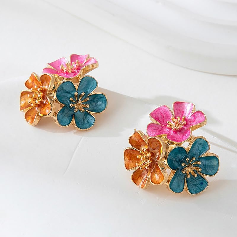 Colorful Hibiscus Enamel Flower Cluster Stud Earrings Vintage Gold Large Statement Red Purple Cherry Blossom Colored Big Floral Earring Jewelry for Women - Image 6