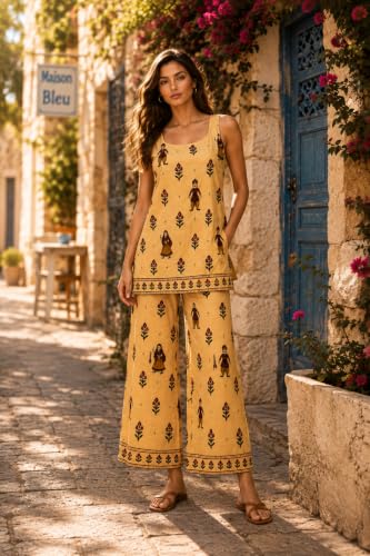 Image of JAIPUR HAND BLOCK Women's Pure Cotton Kurta Palazzo Set salwar suit| Printed Sleeveless Straight Kurta & Matching Palazzo | office Wear | festive (st156-broad)