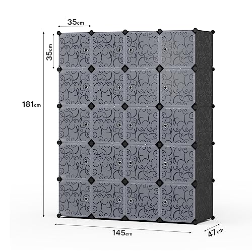 Mondeer 35x45cm Regalsystem Kleiderschrank, 20 Würfel Wardrobe mit 3 Kleiderstangen, Stapelbar Faltschrank mit Tür, für Schlafzimmer Kleidung Schuhe Spielzeug, Schwarz und Weiß 145x47x181cm