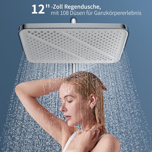HOMELODY Duschsystem mit Thermostat und Glasablage Chrom - Duscharmatur Komplettset mit 30cm, Handbrause 3 Strahlarten und Unterer Auslauf - Duschset Regendusche mit Armatur
