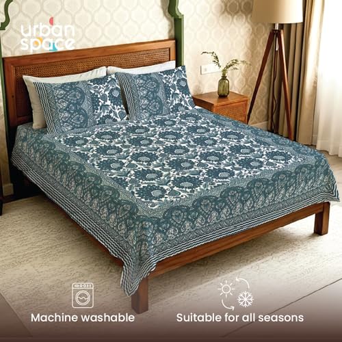 Image of Urban Space 100% Cotton Handcrafted Premium Printed Double Size Bedsheet with 2 Pillow Covers, 240 TC Cotton Double Bedsheet (90 x 100 Inches, Morbagh)