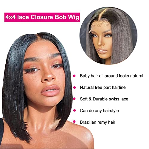 Royal Lady Brazilian Virgin Short Straight Bob Lace Front Wigs Human Hair Pre Plcked With Baby Hair 150% Density 4X4 Lace Closure Short Bob Wigs For Black Women (10 Inch) #TOP4