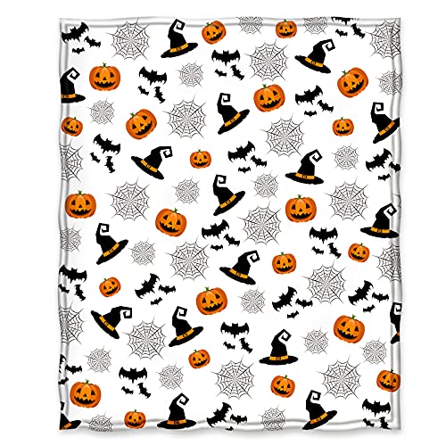 Jekeno Halloween Pumpkin Spooky Blanket Bats Hat Spider Webs Print Gifts for Women Kids Girls Boys Home Bedroom Living Room Decor Soft Cozy All Saints' Day Throw Blankets White 50"x60"