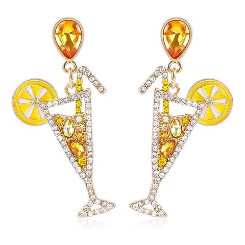 Fun Cocktail Earrings for Women Dangle Rhinestone Shining Crystal Lemon Drinking Champagne Martini Margarita Statement Earrings Post Earrings for Party Summer Beach Vacation Jewelry Gift for Her Cover