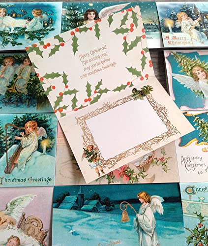 Image of PIXILUV CHRISTMAS ANGELS (Pack of 12) Notecards Small Greeting Cards # Holy Angels Christmas Greetings and Cheer ~ Vintage Christmas Postcards Reprint