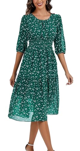 Image of Kormei Women Casual Boho Floral Round Neck 3 /4 Sleeve Smocked Waist Tiered A Line Flowy Swing Midi Dress Long Dresses