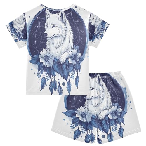 senya Short Sleeve Pajamas Sets Summer Cotton Sleepwear Navy Blue Feather Dreamcatcher Wolf2