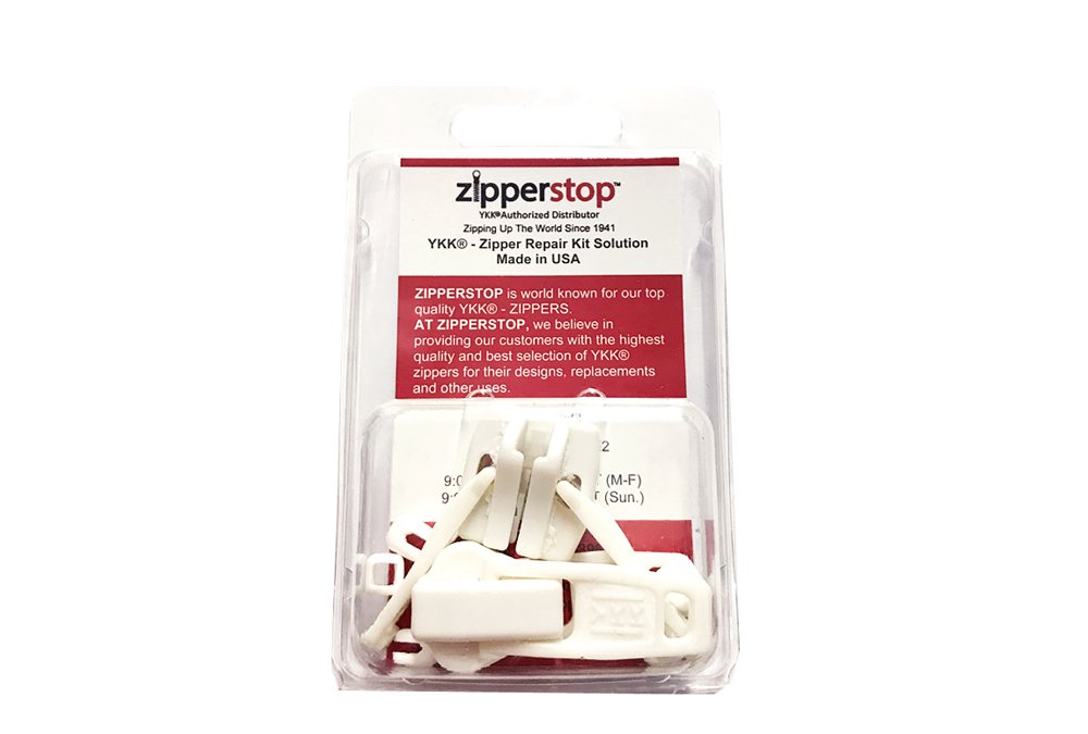 ZipperStop Wholesale - YKK Zipper Repair Kit Solution Vislon #10 Slider/Pull Type Plastic - Top Stoppers made in USA in Clamshell Box W/Hanger (Non Lock Double PULLS, White 2 Pulls-top stoppers)