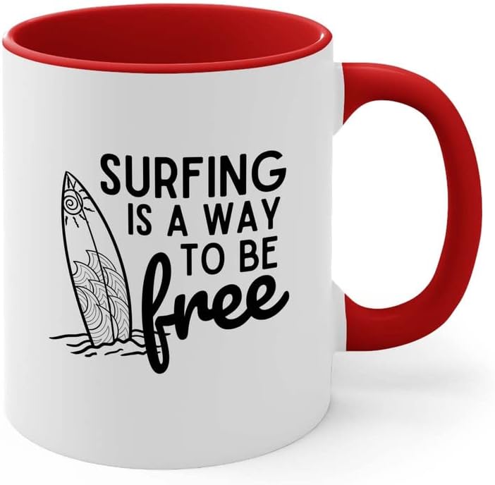 Surfing - Taza de café de edición roja de dos tonos, 11 onzas, surfing is free A, regalos para entusiastas del surf, deportes acuáticos, tabla de