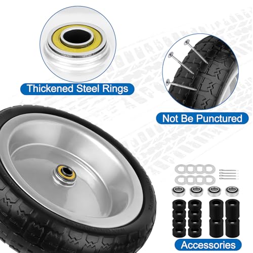Image of 13 Inch Flat Free Wheels Tires 4.00-6 Solid Replacement with Universal 5 /8 inch Axle Bore Hole, 8 Spacers and 4 Pins, for Wheelbarrow, Garden Wagon, Hand Truck, Trolley, Lawn Mower, 2 Pack