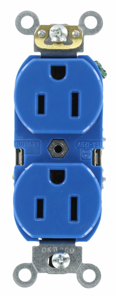 Leviton 15-Amp, 125 Volt, Industrial Heavy Duty Grade, Duplex Receptacle, Straight Blade, Self Grounding, Contractor Pack, 5262-SBU, Blue