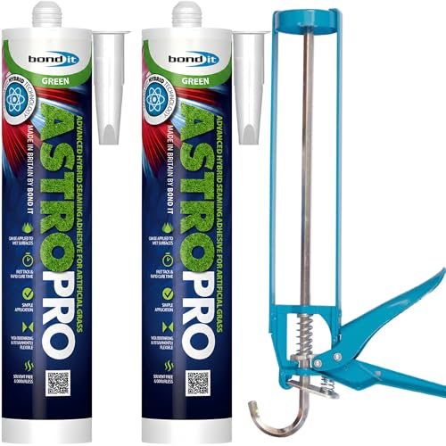 Bond It Astro Pro Green Artificial Grass Adhesive 2 Pack (310ml Each) with Sealant Gun High Tack Elastic Hybrid Glue for Astro Turf Seaming & Artificial Grass to Concrete Bonding