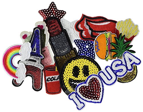 12 Pcs Iron On Embroidered Motif Applique Glitter Sequin Decoration Patches DIY Sew on Patch for Jeans, clothing