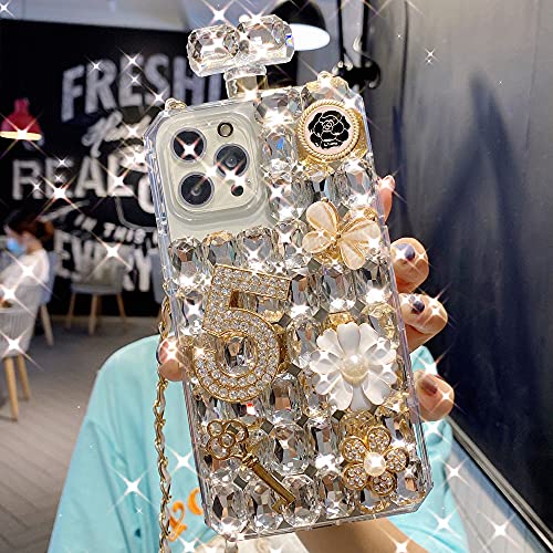 Victorlan for iPhone 11 Pro Max 6.5 inch Perfume Bottle Case Luxury Bling Diamond Crystal Sparkle Rhinestone Glitter Case 3D Handmade Crown Fox Cover with Chain Lanyard Case (Clear)