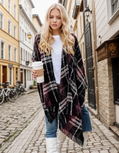 Women's Shawl Wraps Open Front Travel Poncho Cape Warm Oversized Plaid Sweaters Casual Cardigan Shawls3